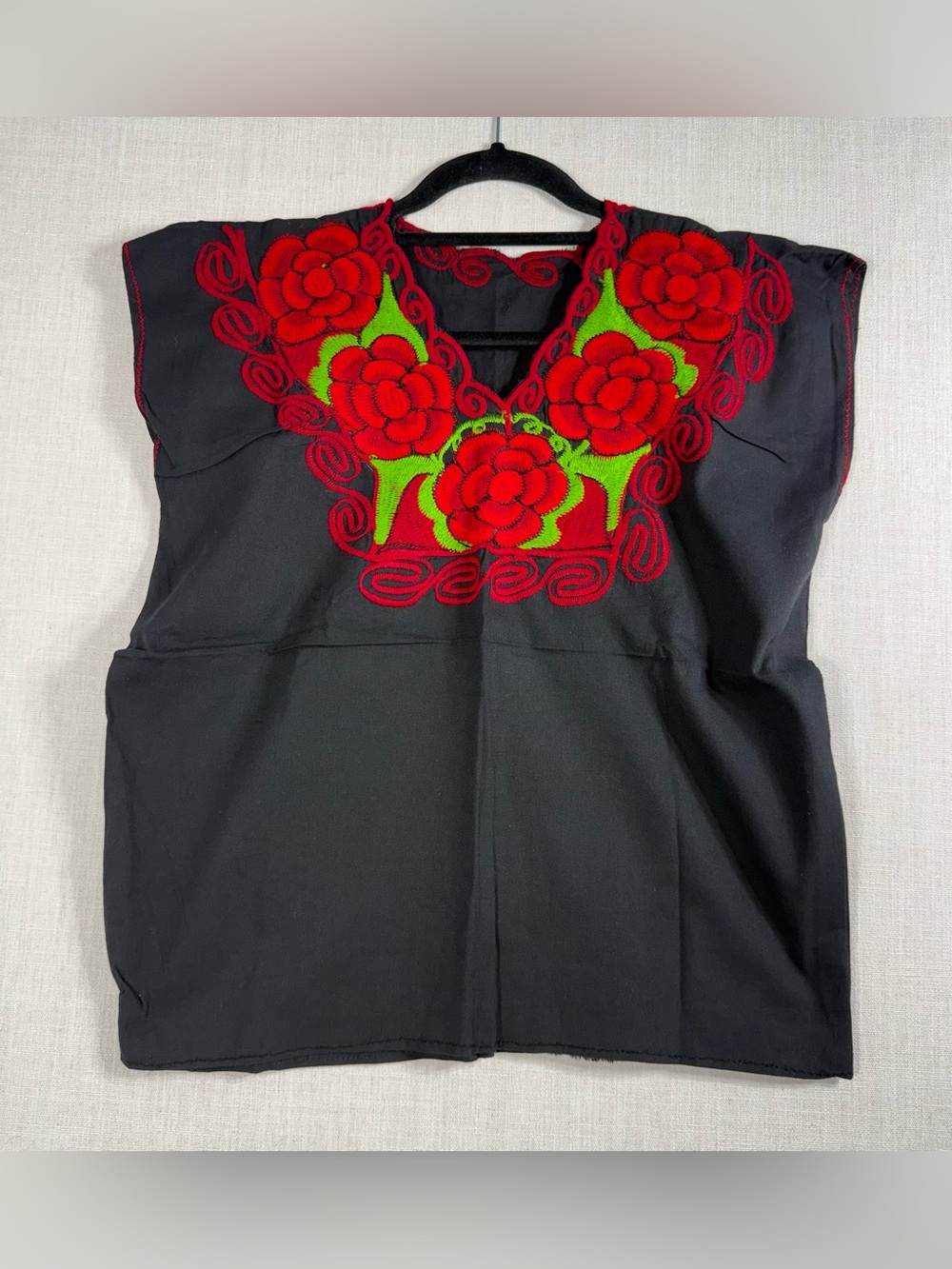 Embroidered V-Neck Tunic Top - Black with Red & Green (Mexican blouse)